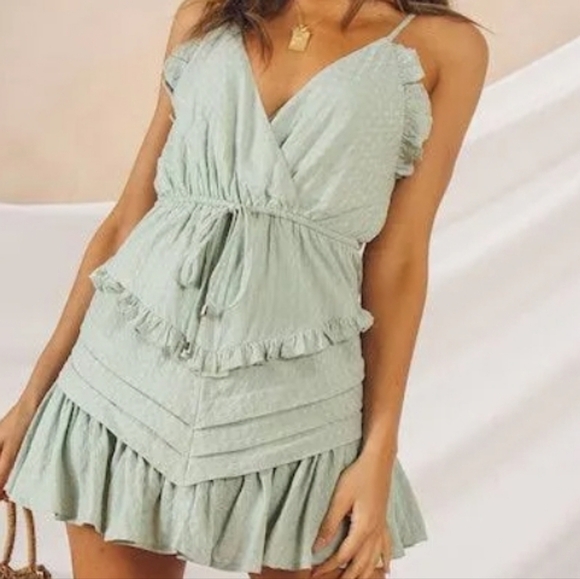 Blush Boutique Ruffle flirty Mini Dress Green womens Size M - Picture 2 of 12